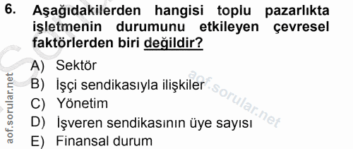 6. soru: Aşağıdakilerden hangisi toplu pazarlıkta işletmenin durumunu etkileyen çevresel faktörlerden biri değildir? A) Sektör…