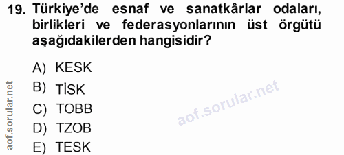 19. soru: Türkiye'de esnaf ve sanatkârlar odaları, birlikleri ve federasyonlarının üst Örgütü aşağıdakilerden hangisidir? A) KE…