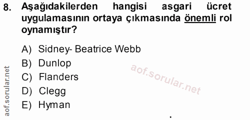 8. soru: Aşağıdakilerden hangisi asgari ücret uygulamasının ortaya çıkmasında önemli rol oynamıştır? A) Sidney- Beatrice Webb…