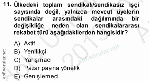 11. soru: Ülkedeki toplam sendikalı/sendikasız işçi sayısında değil, yalnızca mevcut üyelerin sendikalar arasındaki dağılımında…