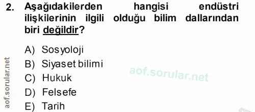 2. soru: Aşağıdakilerden hangisi endüstri ilişkilerinin ilgili olduğu bilim dallarından biri değildir? A) Sosyoloji B) Siyaset…