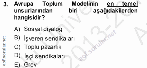 3. soru: Avrupa Toplum Modelinin en temel unsurlarından biri aşağıdakilerden hangisidir? A) Sosyal diyalog B) İşveren sendikal…