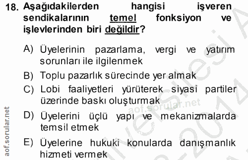 18. soru: Aşağıdakilerden hangisi işveren sendikalarının temel fonksiyon ve işlevlerinden biri değildir? A) Uyelerinin pazarlam…