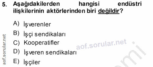 5. soru: Aşağıdakilerden hangisi endüstri ilişkilerinin aktörlerinden biri değildir? A) İşverenler B) İşçi sendikaları C) Koop…