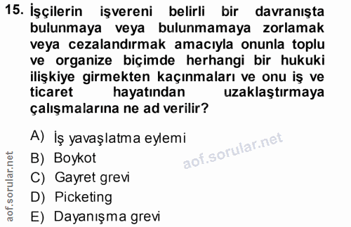 15. soru: İşçilerin işvereni belirli bir davranışta bulunmaya veya bulunmamaya zorlamak veya cezalandırmak amacıyla onunla topl…
