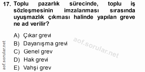 17. soru: Toplu pazarlık sürecinde, toplu iŞ sözleşmesinin imzalanması sırasında uyuşmazlık çıkması halinde yapılan greve ne ad…