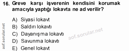 16. soru: Greve karşı işverenin kendisini korumak amacıyla yaptığı lokavta ne ad verilir? A) Siyasi lokavt B) Saldırı lokavtı C…