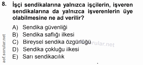 8. soru: İşçi sendikalarına yalnızca işçilerin, işveren sendikalarına da yalnızca işverenlerin üye olabilmesine ne ad verilir?…