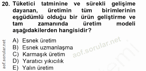 20. soru: Tüketici tatminine ve sürekli gelişime dayanan, üretimin tüm birimlerinin eşgüdümlü olduğu bir ürün geliştirme ve tam…
