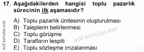 17. soru: Aşağıdakilerden hangisi toplu pazarlık sürecinin ilk aşamasıdır? A) Toplu pazarlık ünitesinin oluşturulması B) Talepl…