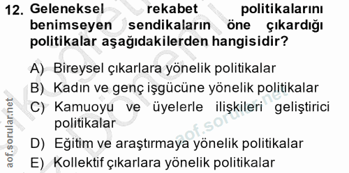 12. soru: Geleneksel rekabet politikalarını benimseyen sendikaların öne çıkardığı politikalar aşağıdakilerden hangisidir? A) Bi…