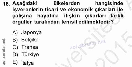 16. soru: Aşağıdaki ülkelerden hangisinde işverenlerin ticari ve ekonomik çıkarları ile çalışma hayatına ilişkin çıkarları fark…