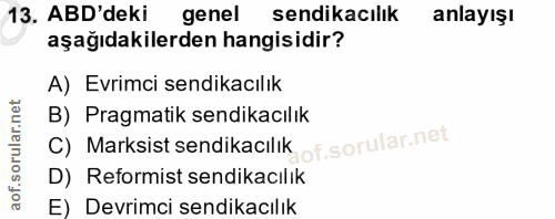 13. soru: ABD'deki genel sendikacılık anlayışı aşağıdakilerden hangisidir? A) Evrimci sendikacılık B) Pragmatik sendikacılık C)…