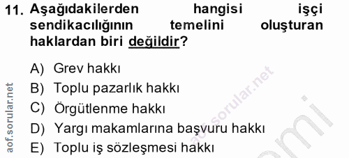 11. soru: Aşağıdakilerden hangisi işçi sendikacılığının temelini oluşturan haklardan biri değildir? A) Grev hakkı B) Toplu paza…