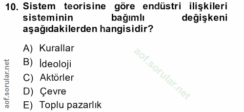 10. soru: Sistem teorisine göre endüstri ilişkileri sisteminin bağımlı değişkeni aşağıdakilerden hangisidir? A) Kurallar B) Ide…