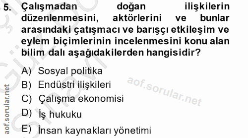 5. soru: Çalışmadan doğan ilişkilerin düzenlenmesini, aktörlerini ve bunlar arasındaki çatışmacı ve barışçı etkileşim ve eylem…