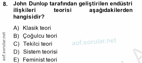 8. soru: John Dunlop tarafından geliştirilen endüstri ilişkileri teorisi aşağıdakilerden hangisidir? A) Klasik teori B) Çoğulc…