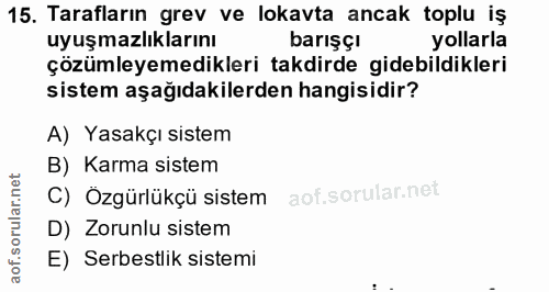 15. soru: Tarafların grev ve lokavta ancak toplu iş uyuşmazlıklarını barışçı yollarla çözümleyemedikleri takdirde gidebildikler…