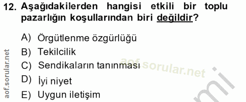 12. soru: Aşağıdakilerden hangisi etkili bir toplu pazarlığın koşullarından biri değildir? A) Orgütlenme özgürlüğü B) Tekilcili…