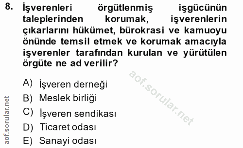 8. soru: Işverenleri örgütlenmiş işgücünün taleplerinden korumak, işverenlerin çıkarlarını hükümet, bürokrasi ve kamuoyu önünd…