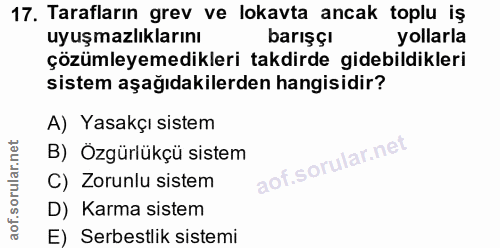 17. soru: Tarafların grev ve lokavta ancak toplu iş uyuşmazlıklarını barışçı yollarla çözümleyemedikleri takdirde gidebildikler…