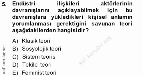 5. soru: Endüstri ilişkileri aktörlerinin davranışlarını açıklayabilmek için bu davranışlara yükledikleri kişisel anlamın yoru…