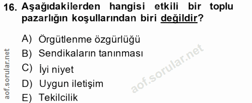 16. soru: Aşağıdakilerden hangisi etkili bir toplu pazarlığın koşullarından biri değildir? A) Örgütlenme özgürlüğü B) Sendikala…