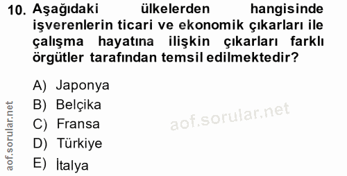 10. soru: Aşağıdaki ülkelerden hangisinde işverenlerin ticari ve ekonomik çıkarları ile çalışma hayatına ilişkin çıkarları fark…