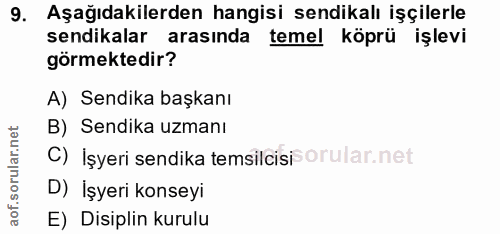 9. soru: Aşağıdakilerden hangisi sendikalı işçilerle sendikalar arasında temel köprü işlevi görmektedir? A) Sendika başkanı B)…