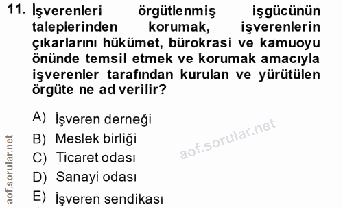 11. soru: İşverenleri örgütlenmiş işgücünün taleplerinden korumak, işverenlerin çıkarlarını hükümet, bürokrasi ve kamuoyu önünd…