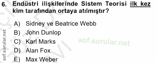 6. soru: Endüstri ilişkilerinde Sistem Teorisi ilk kez kim tarafından ortaya atılmıştır? A) Sidney ve Beatrice Webb B) John Du…