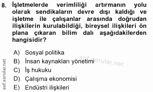 8. soru: İşletmelerde verimliligi artirmanın yolu olarak sendikaların devre dışı kaldığı ve işletme ile çalışanlar arasında do…