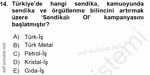 14. soru: Türkiye'de hangi sendika, kamuoyunda sendika ve örgütlenme bilincini artırmak üzere 'Sendikalı ol' kampanyasını başla…