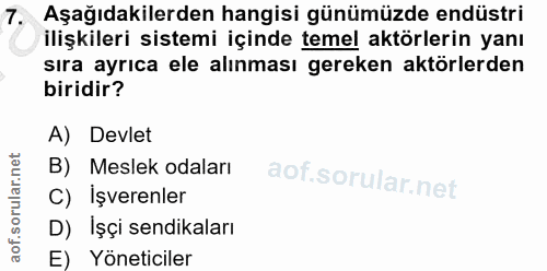 7. soru: Aşağıdakilerden hangisi günümüzde endüstri ilişkileri sistemi içinde temel aktörlerin yanı sıra ayrıca ele alınması g…