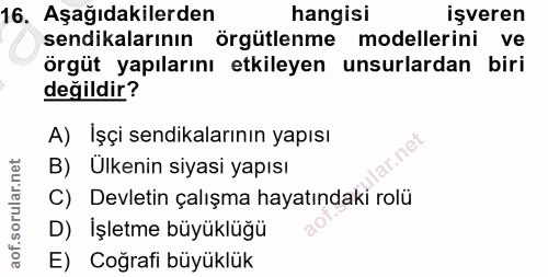 16. soru: Aşağıdakilerden hangisi işveren sendikalarının örgütlenme modellerini ve örgüt yapılarını etkileyen unsurlardan biri…