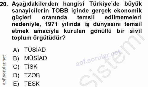 20. soru: Aşağıdakilerden hangisi Türkiye'de büyük sanayicilerin TOBB içinde gerçek ekonomik güçleri oranında temsil edilmemele…