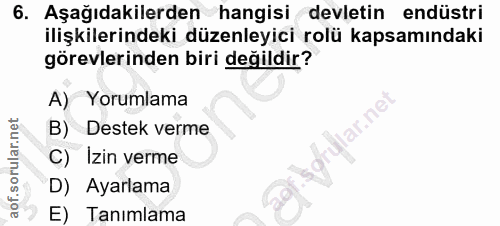 6. soru: Aşağıdakilerden hangisi devletin endüstri ilişkilerindeki düzenleyici rolü kapsamındaki görevlerinden biri değildir?…