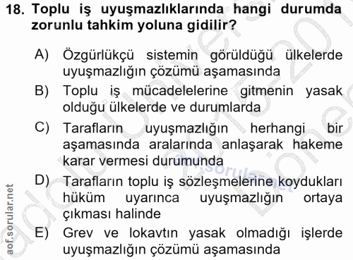 18. soru: Toplu iş uyuşmazlıklarında hangi durumda zorunlu tahkim yoluna gidilir? A) Özgürlükçü sistemin görüldüğü ülkelerde uy…
