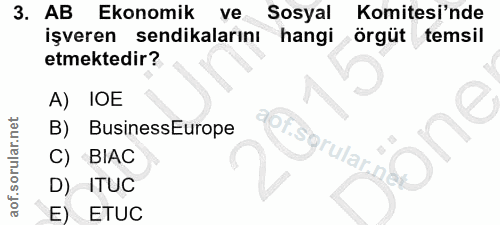 3. soru: AB Ekonomik ve Sosyal Komitesi'nde işveren sendikalarını hangi örgüt temsil etmektedir? A) IЮE B) BusinessEurope Sgru…