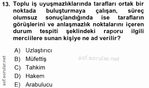 13. soru: Toplu iş uyuşmazlıklarında tarafları ortak bir noktada buluşturmaya çalışan, sureç olumsuz sonuçlandığında ise tarafl…