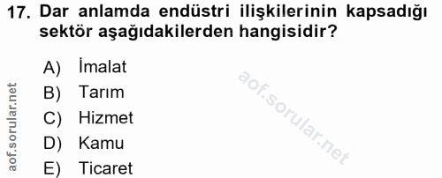17. soru: Dar anlamda endüstri ilişkilerinin kapsadığı sektör aşağıdakilerden hangisidir? A) Imalat B) Tarım C) Hizmet D) Kamu…