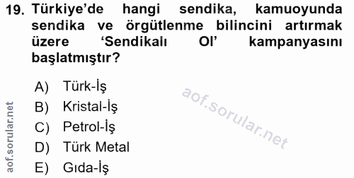 19. soru: Türkiye'de hangi sendika, kamuoyunda sendika ve örgütlenme bilincini artırmak üzere 'Sendikalı Ol' kampanyasını başla…