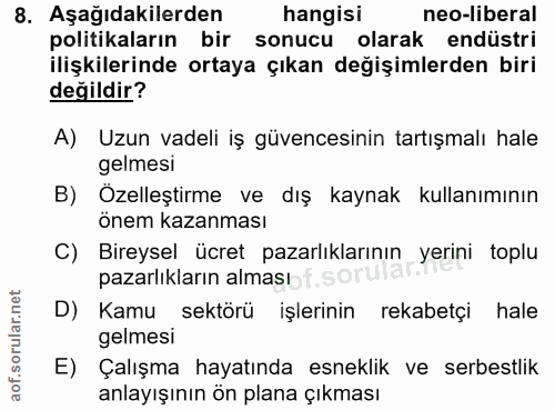 8. soru: Aşağıdakilerden hangisi neo-liberal politikaların bir sonucu olarak endüstri ilişkilerinde ortaya çıkan değişimlerden…