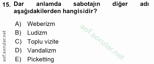 15. soru: Dar anlamda sabotajın diğer adı aşağıdakilerden hangisidir? A) Weberizm B) Ludizm C) Toplu vizite D) Vandalizm E) Pic…
