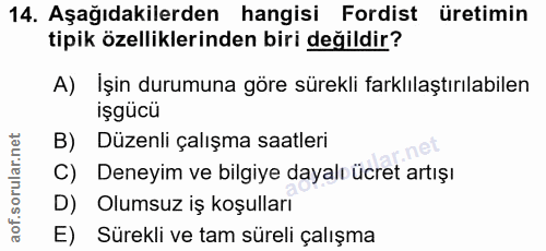 14. soru: Aşağıdakilerden hangisi Fordist üretimin tipik özelliklerinden biri değildir? A) İşin durumuna göre sürekli farklılaş…