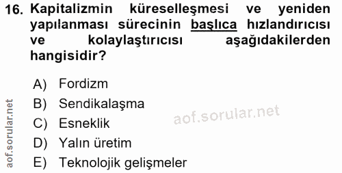 16. soru: Kapitalizmin küreselleşmesi ve yeniden yapılanması sürecinin başlıca hızlandırıcısı ve kolaylaştırıcısı aşağıdakilerd…