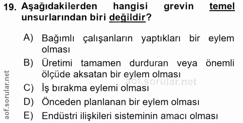 19. soru: Aşağıdakilerden hangisi grevin temel unsurlarından biri değildir? A) Bağımlı çalışanların yaptıkları bir eylem olması…