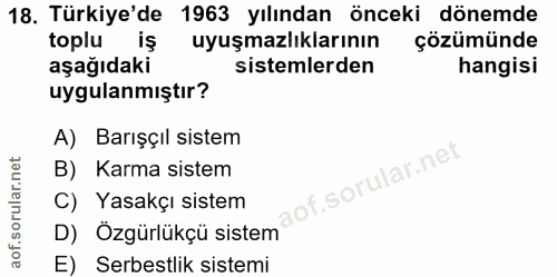 18. soru: Türkiye'de 1963 yılından önceki dönemde toplu iş uyuşmazlıklarının çözümünde aşağıdaki sistemlerden hangisi uygulanmı…