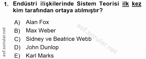 1. soru: Endüstri ilişkilerinde Sistem Teorisi ilk kez kim tarafından ortaya atılmıştır? A) Alan Fox B) Max Weber C) Sidney ve…