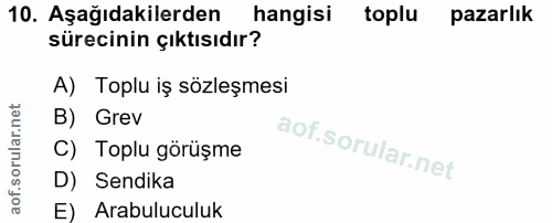 10. soru: Aşağıdakilerden hangisi toplu pazarlık sürecinin çıktısıdır? A) Toplu iş sözleşmesi B) Grev C) Toplu görüşme D) Sendi…